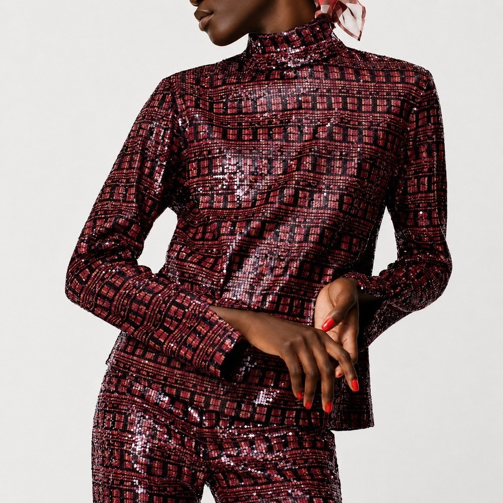 ZARA NEW Red Gold Sequin Mock Neck Slit Sleeve Top SZ Large Blogger Favorite